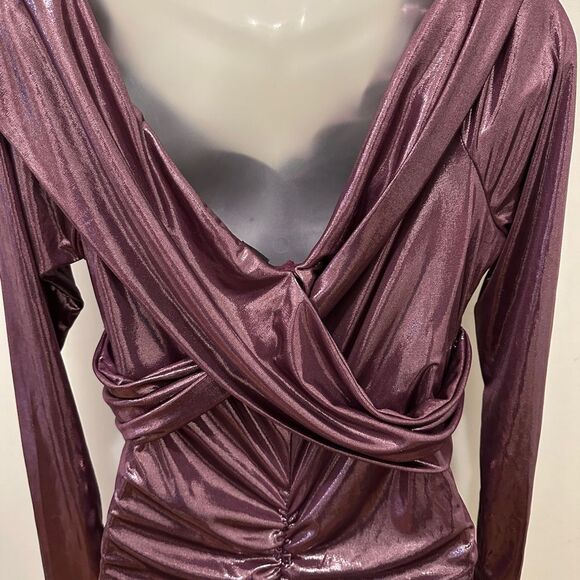 Gibiu Elegant Burgundy Metallic Shimmer Shiny Long Draped Dress Formal 1x-2x - Picture 7 of 8
